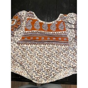 Free People Paisley Floral Mixed Print Puff Sleeve Top Orange Cream XL OB1143967